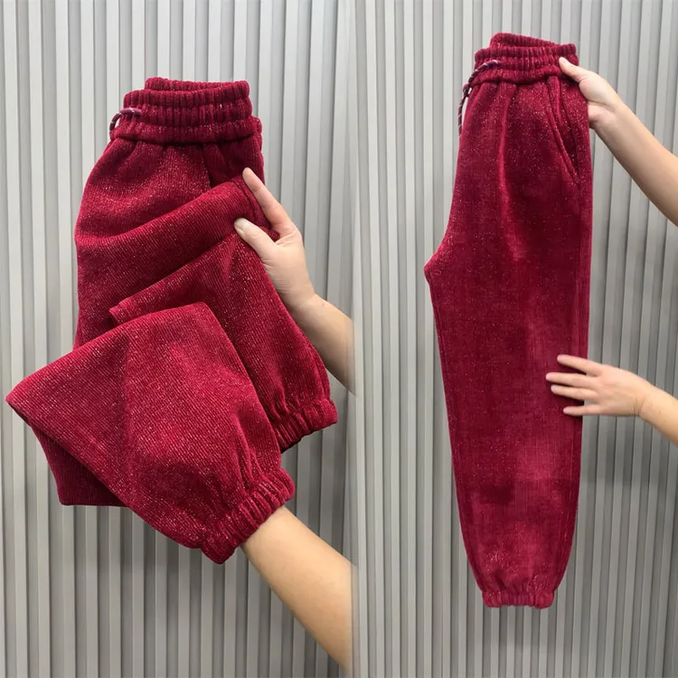 冬季雪尼尔亮丝加绒加厚女高腰显瘦红色哈伦裤宽松休闲裤新年战裤