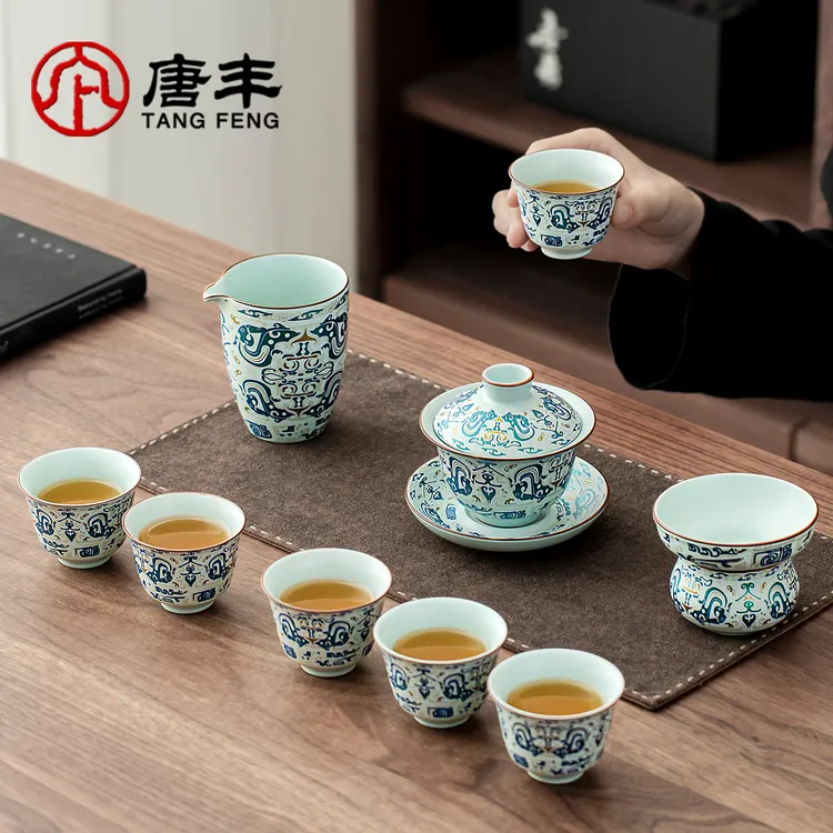 唐丰新款陶瓷饕餮盖碗功夫茶具套装泡茶专用家用办公高档喝茶一套