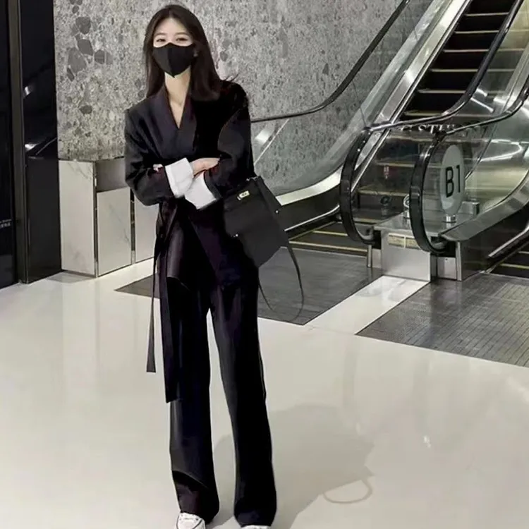 粉色高级感西装套装女2025春季新款设计感小众气质阔腿裤两件套