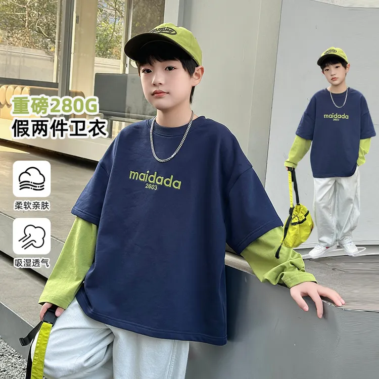 男孩卫衣秋款长袖2025新款儿童重磅亲肤假两件洋气男童秋装WY559