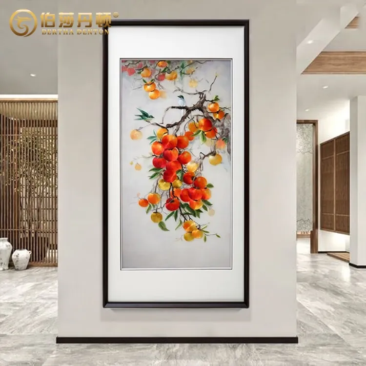 苏绣客厅玄关柿子事事如意装饰挂画走廊客厅过道纯手工挂画装饰画