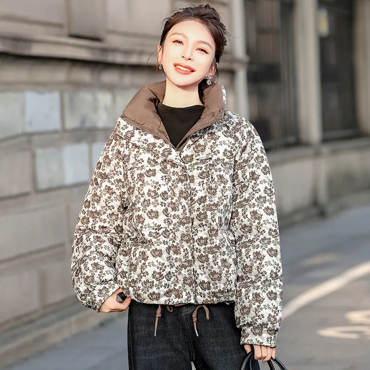 小个子短款棉服女碎花法式棉衣暗扣立领半开领保暖宽松大码冬装潮