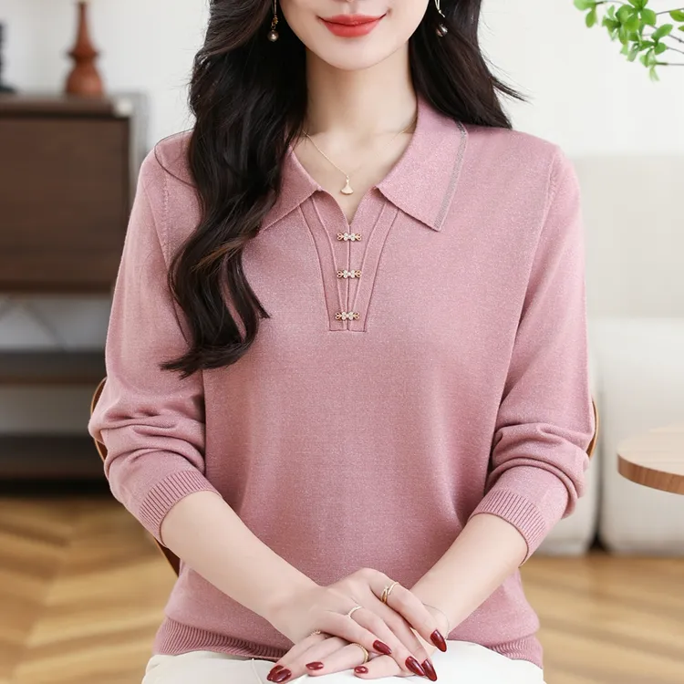 2025春秋新款中老年妈妈装冰丝T恤女翻领大码宽松针织小衫上衣薄