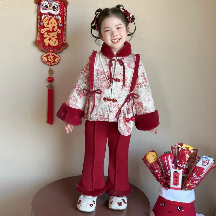 女童花朵拜年服套装冬季2026新款宝宝加厚唐装儿童马年新年衣服潮
