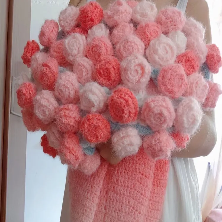 成品渐变绒毛毛线玫瑰花束毯子diy七星花束毯针织花束毯披肩蓝色
