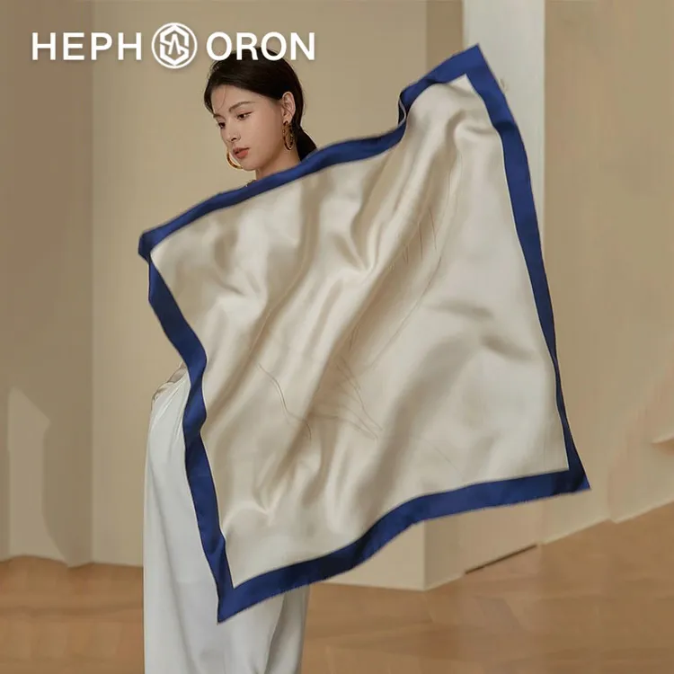 HEPHSORON真丝丝巾蓝边白底大方巾披肩百搭高档桑蚕丝丝巾礼盒装