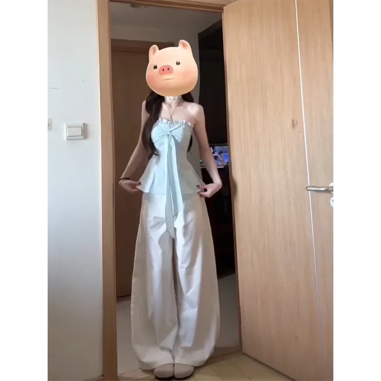 性感纯欲风蝴蝶结吊带上衣女辣妹修身显瘦绑带背心阔腿裤子两件套