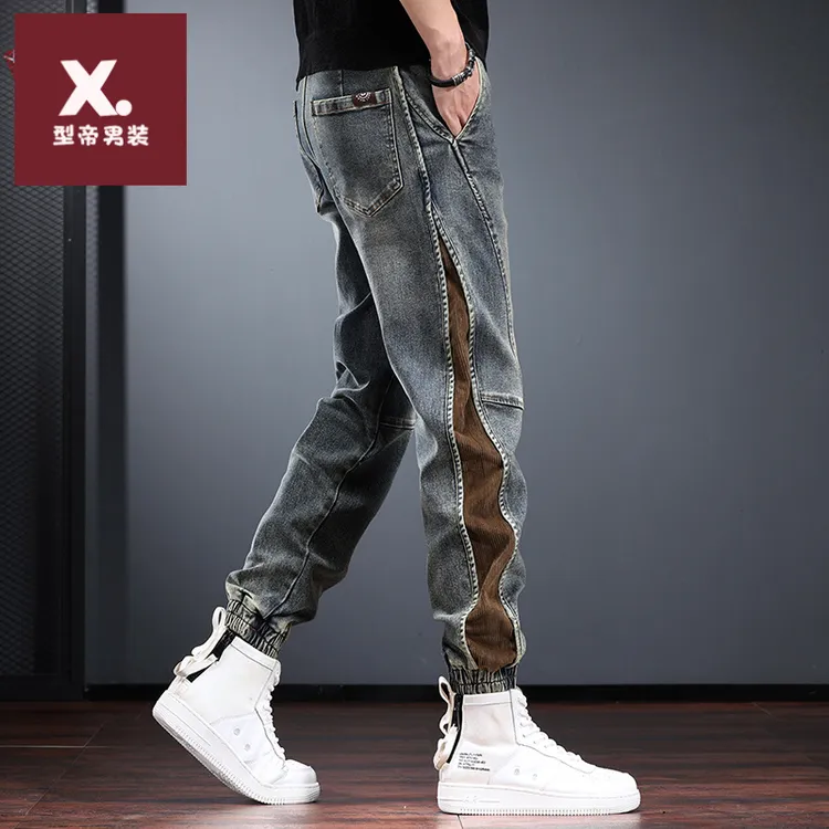 松紧腰牛仔裤男秋季潮牌设计感工装哈伦裤个性复古痞帅抽绳束脚裤