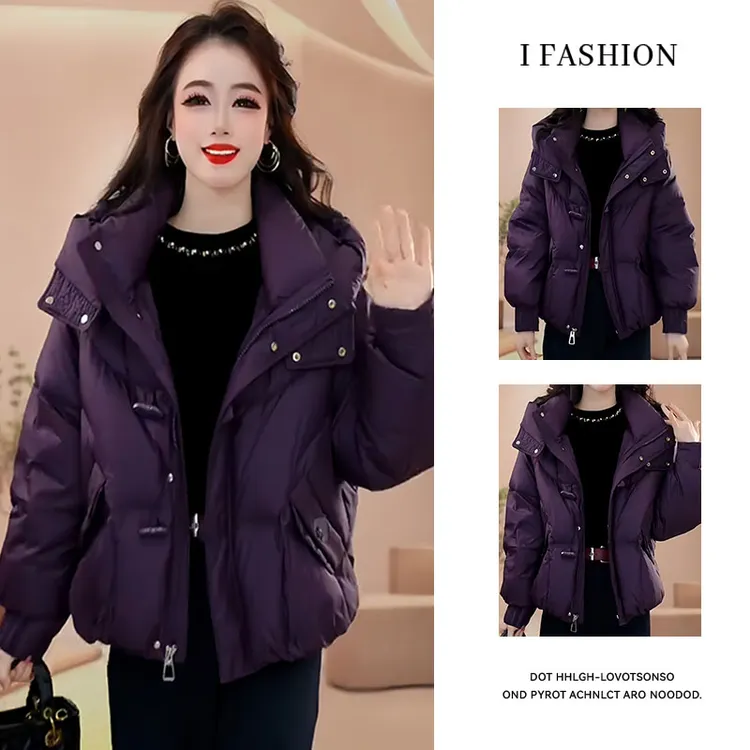 欧货慵懒风长袖连帽棉服女2025冬季新款加棉加厚宽松遮肉显瘦外套