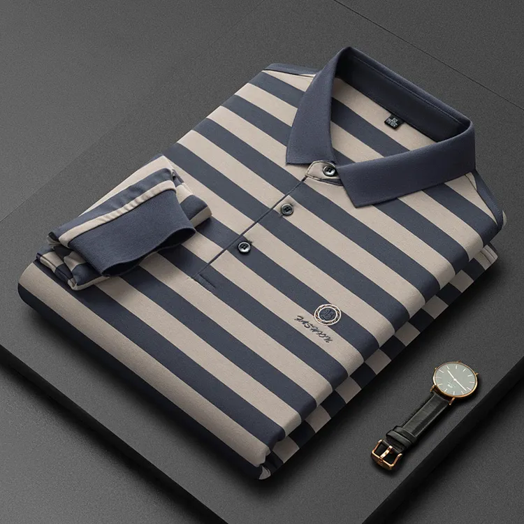 【条纹长袖棉】刺绣翻领POLO衫男士长袖t恤细条纹中年男T恤秋冬季