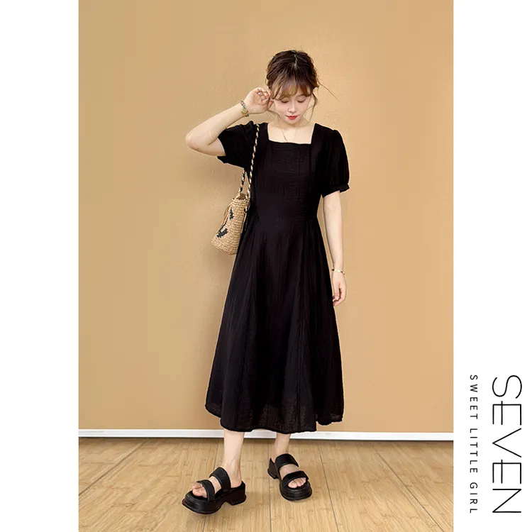 方领小黑裙⑧七七146小个子法式方领天丝薄款透气连衣裙女夏小美说