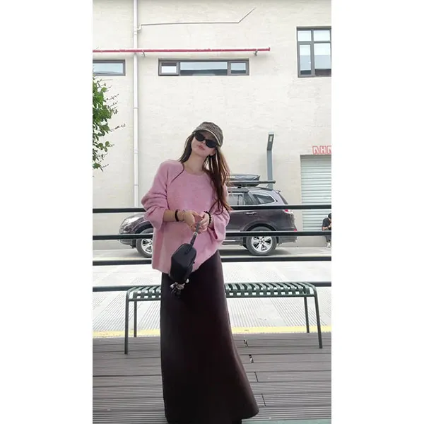 韩系甜美粉色大u领长袖针织衫女秋冬季百搭温柔毛衣上衣裙子套装