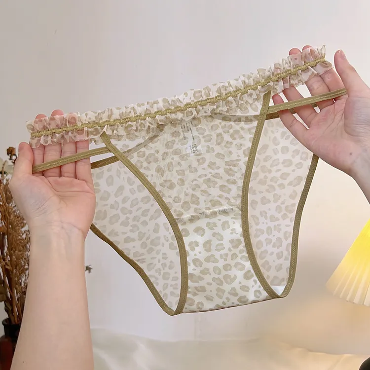 性感蕾丝女士内裤轻薄网纱系带纯欲中低腰豹纹欧美三角内裤女亲