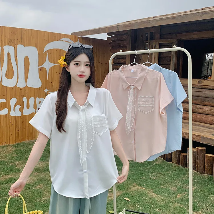大码胖mm韩版夏正肩蕾丝领带白色衬衫短袖清新设计感开衫上衣5832