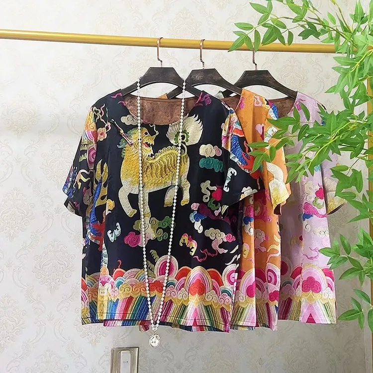 YY国风新中式喷绘短袖薄款麒麟打底衫胖mm宽松时尚200斤上衣1160