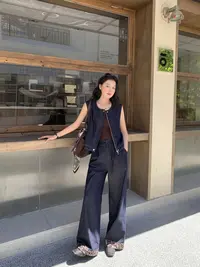 【锦衣服饰】DY 8127韩系圆领拉链无袖马甲裤脚印花拼接阔腿裤套装