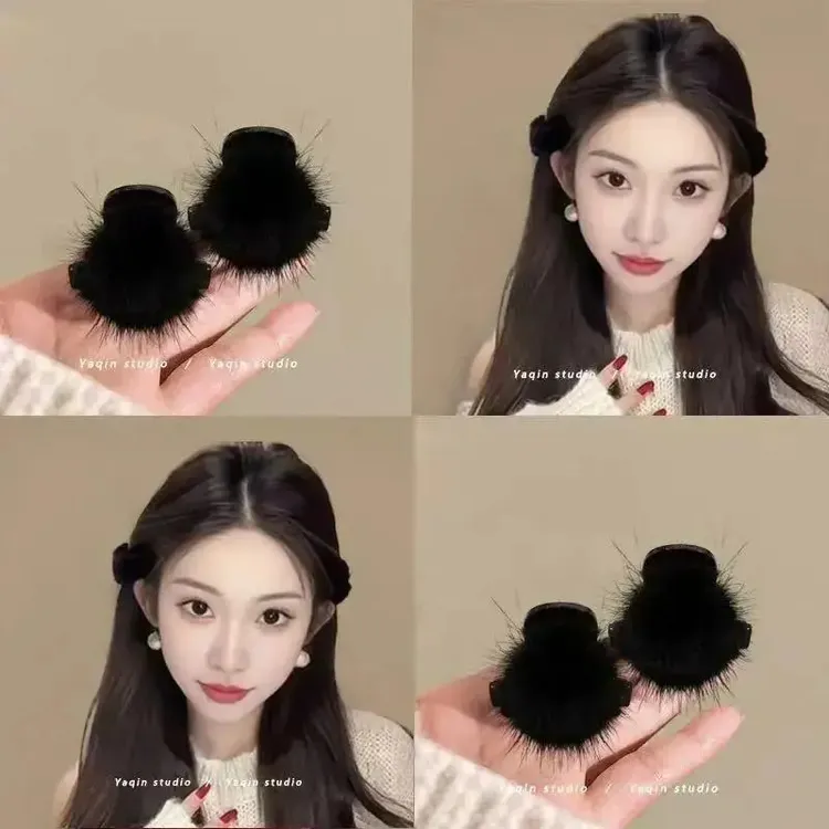 秋冬新款毛毛发夹少女风公主头网红毛球简约迷你4cm抓夹百搭发饰