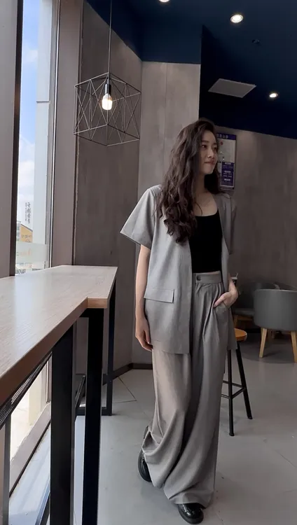 【美伢专属】高个子气质休闲简约无领短袖西装宽松版套装 NX-7002 