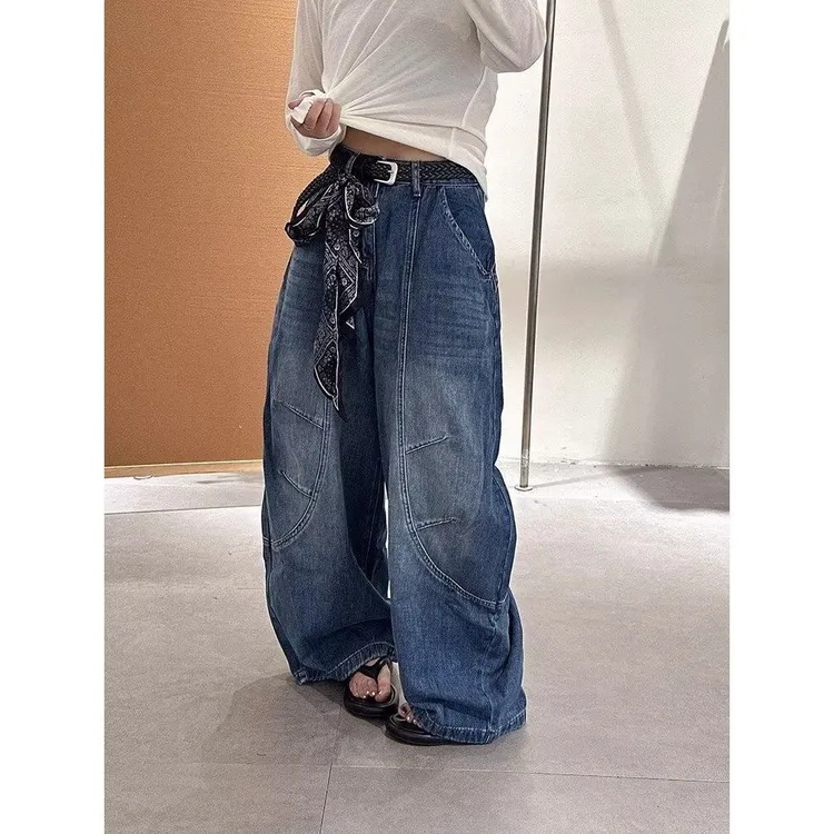 复古蓝高街宽松阔腿弯刀牛仔裤女2025新款美式高腰设计垂感裤子