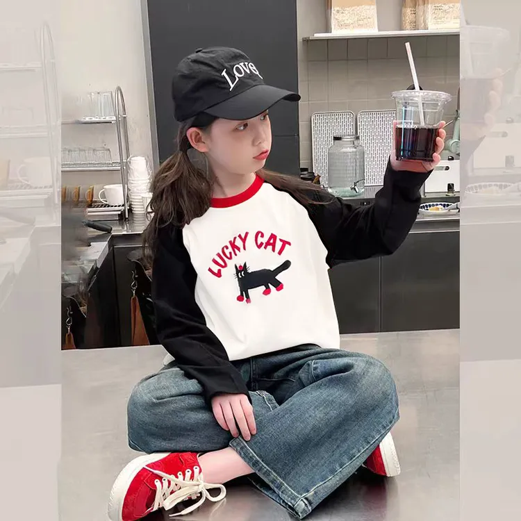 儿童纯棉长袖T恤男童女童打底欧若风拼接宝洋气春款中大童百搭衣