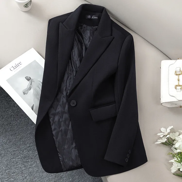 黑色毛呢西装外套女秋冬季加厚小个子高级感修身气质职业夹棉西服