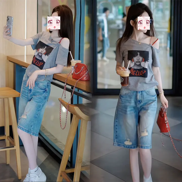 夏季斜领美式印花短袖t恤破洞牛仔中裤子松弛感显瘦两件套装2025