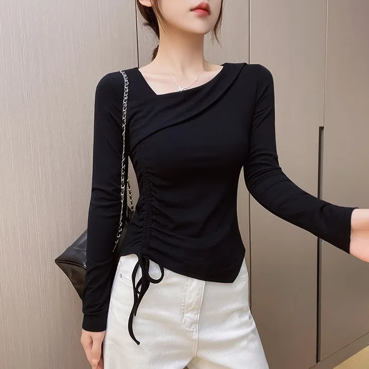 2025春秋新款性感纯欲不规则领口黑色长袖t恤女内搭显瘦体恤上衣