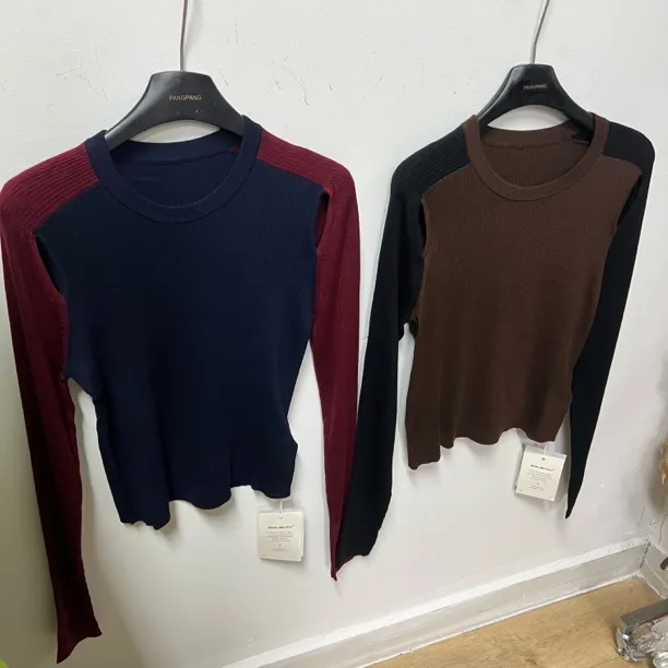 双拼色圆领长袖针织打底衫百搭内搭上衣