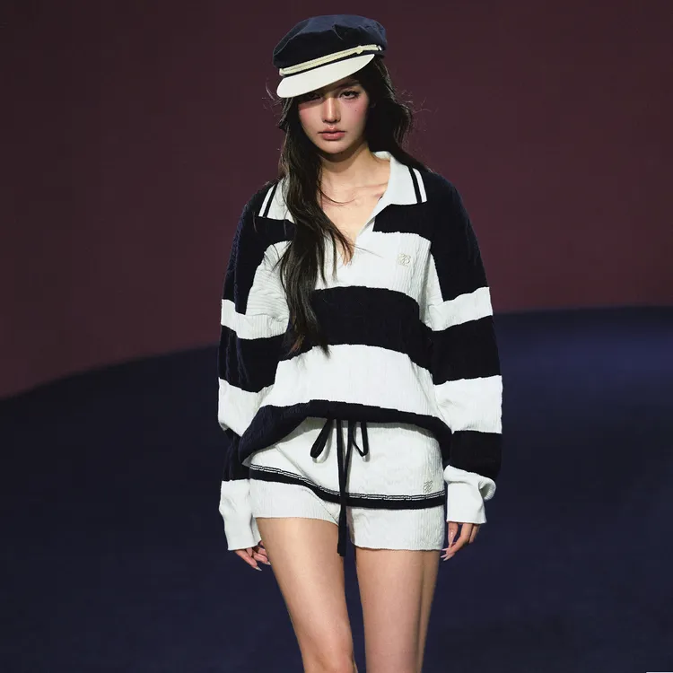 AGAM STUDIO 海军蓝航海系松弛条纹Polo毛衣 假两件裙裤套装