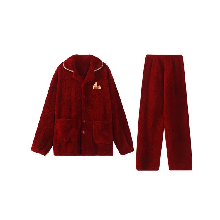 情侣睡衣秋冬季珊瑚绒女士大红色本命年结婚新婚喜庆家居服男套装