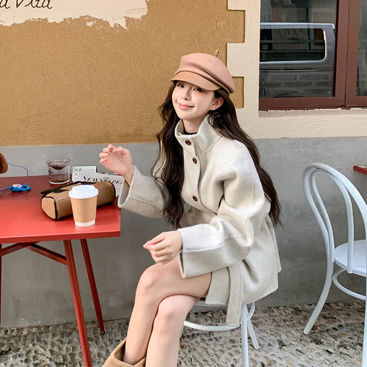 2025新款大衣女秋冬季中长款小个子短款韩系立领收腰双面毛呢外套