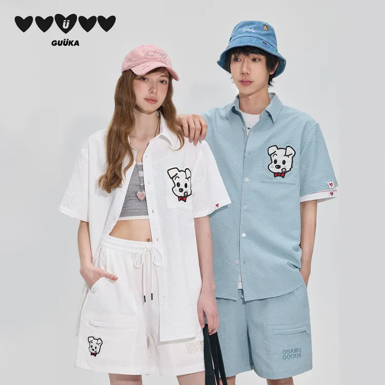 GUUKA&原田治联名小狗刺绣蓝色夏季短袖衬衫泡泡纱正肩衬衣E61361