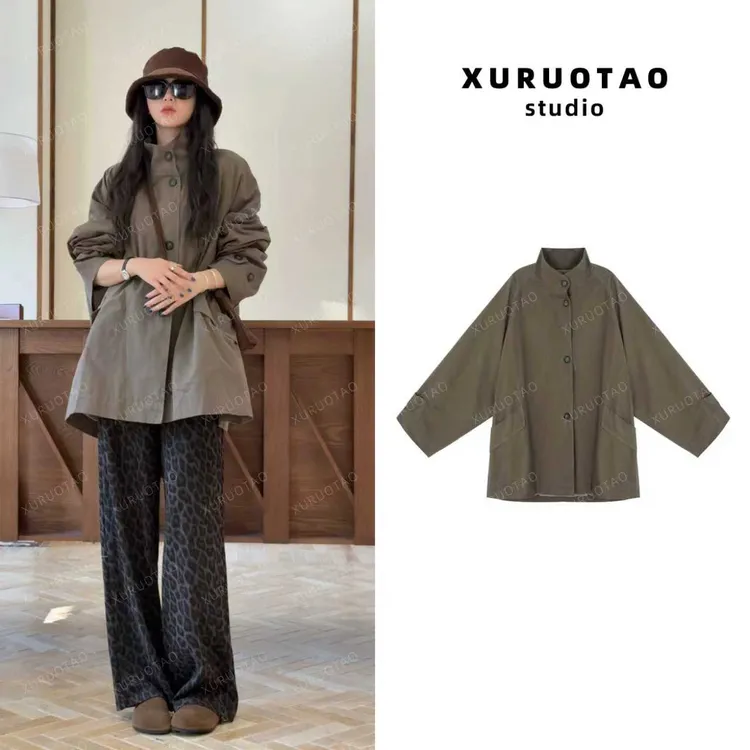 XURUOTAO 【梧桐风衣】100棉百搭时髦设计卡其绿色风衣外套 T5650