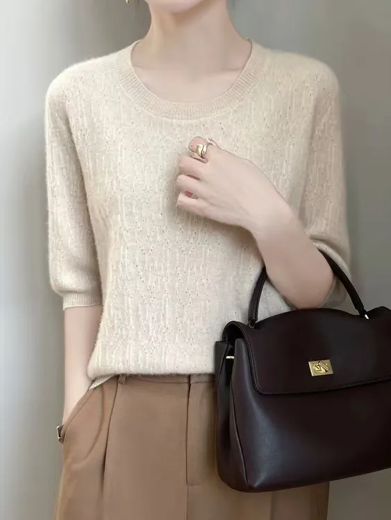 【热卖】25爆款安迪绒一线圆领钩花欧货小衫上衣洋气中袖针织衫显瘦