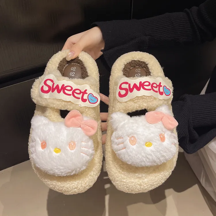可爱毛绒凯蒂猫厚底保暖毛毛鞋女2025冬季新款外穿加绒舒适棉拖鞋