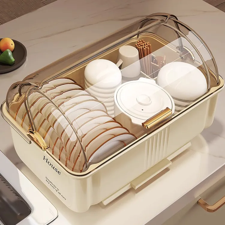 碗筷收纳盒放碗碟收纳架厨房家用多功能带盖沥水置物架碗柜收纳盒