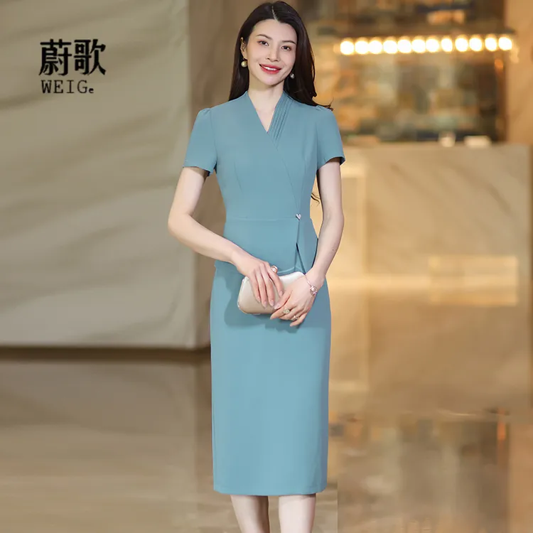 雾霾蓝假两件连衣裙2025夏时尚修身收腰显瘦气质包臀一步裙1931