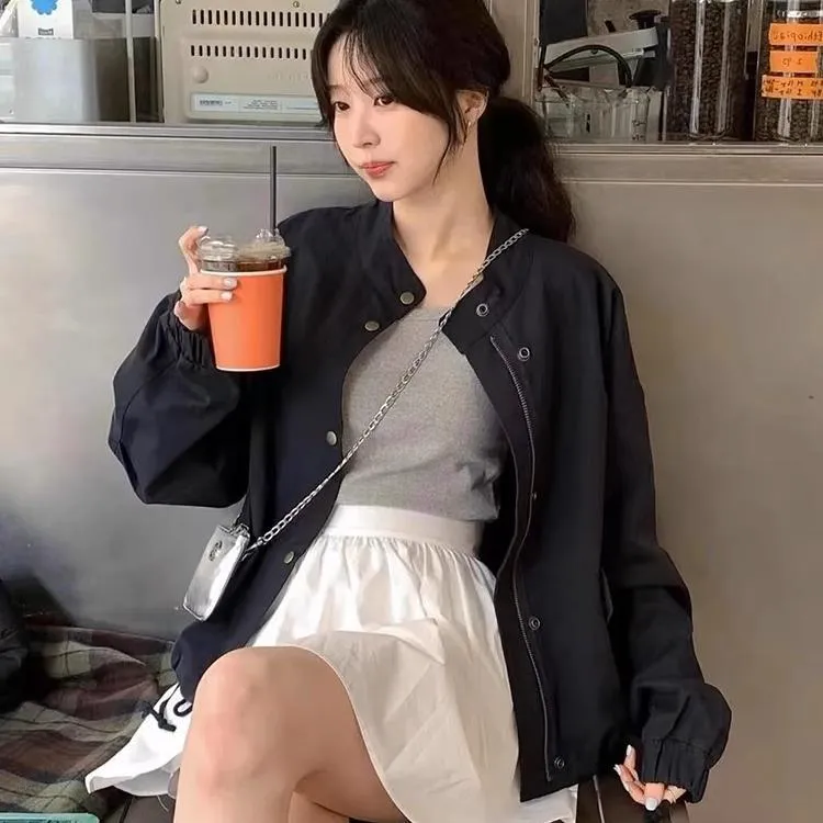 韩版时尚潮流ins春秋季休闲百搭宽松立领长袖棒球服外套女 2025年