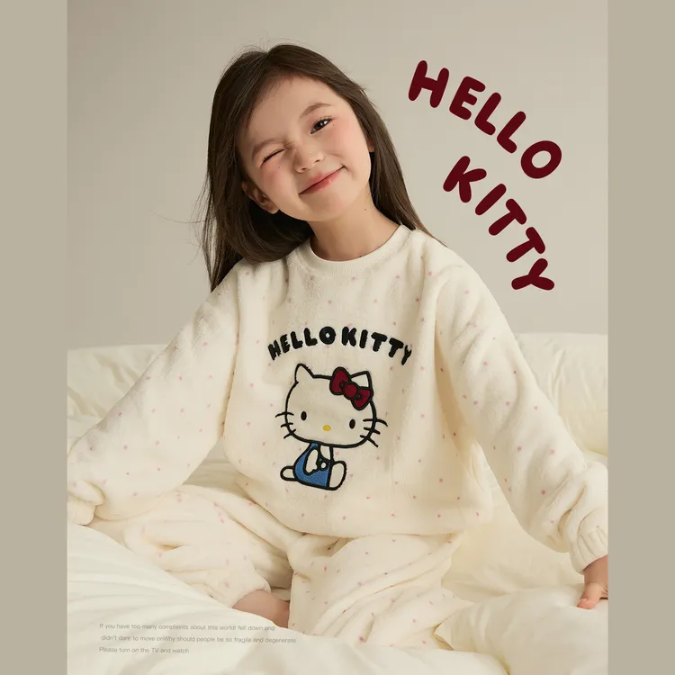 辰辰妈【波波猫】女童kitty法兰绒撞色波点家居服套装8930DH/8930D