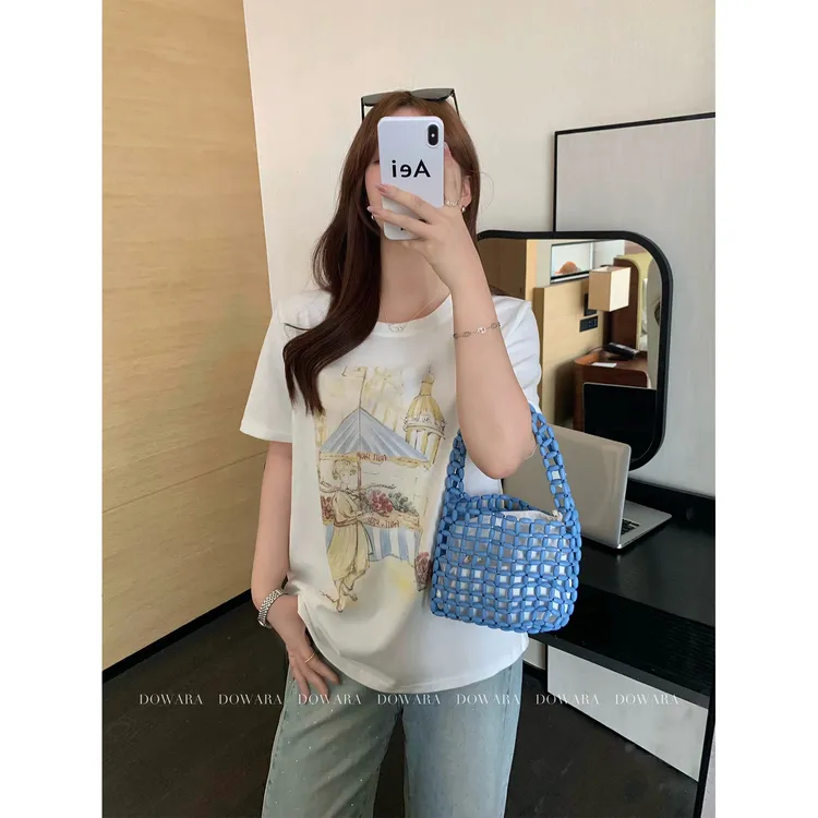 现货大婉酱微胖定制设计感重工印花圆领小众T恤夏季休闲上衣6704D