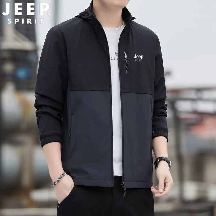 JEEP吉普运动夹克男士春秋外套休闲百搭可拆卸帽户外防风冲锋上衣
