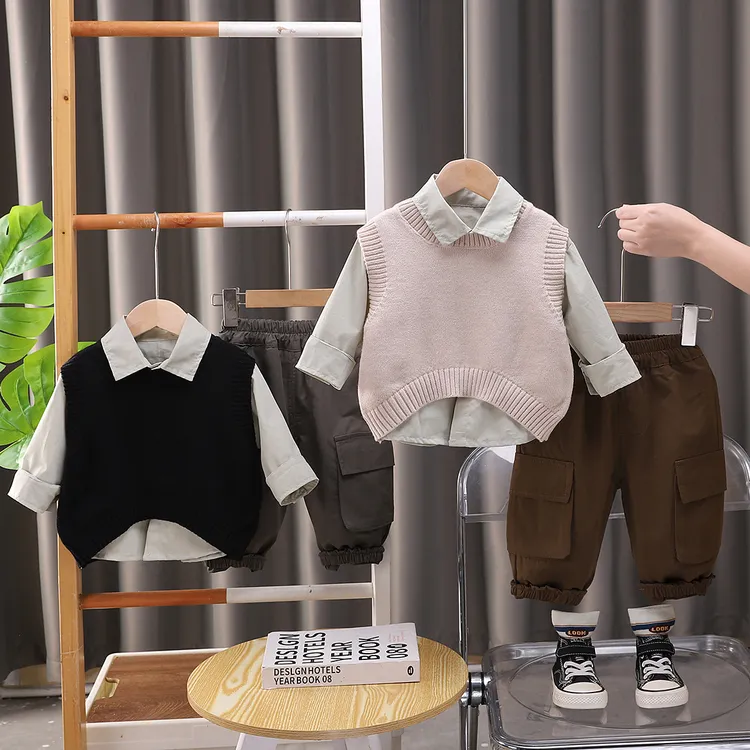 【沫沫家】男女童春秋宝宝洋气纯色毛衣马甲休闲三件套儿童衣服