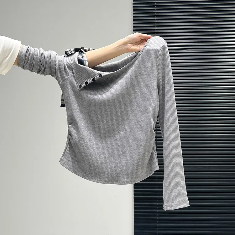 小婉薇 设计感蝴蝶结绑带斜肩长袖T恤女2025秋冬褶皱修身内搭上衣
