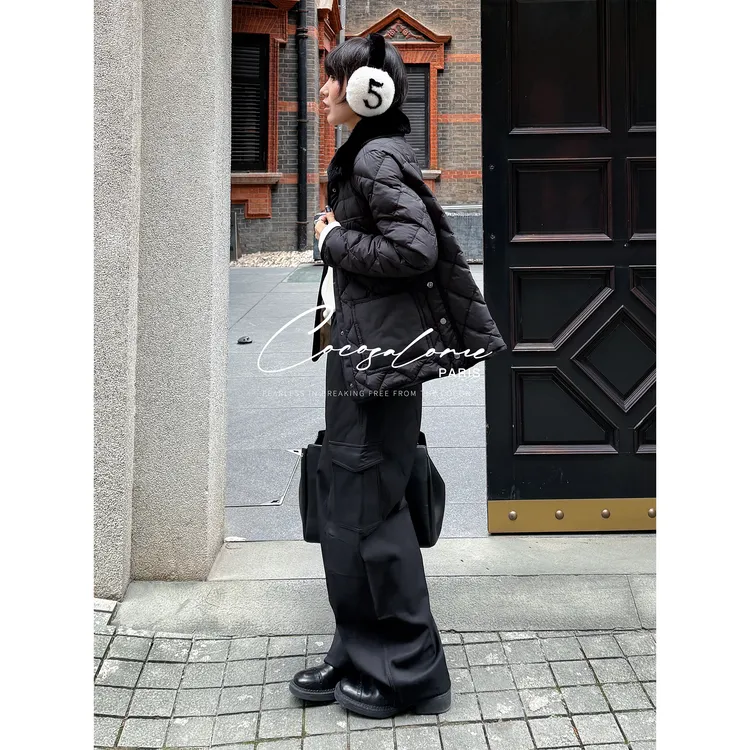 韩彬彬"瘦瘦子"菱格纹收腰显瘦可拆毛领白鹅绒保暖羽绒服3423-8