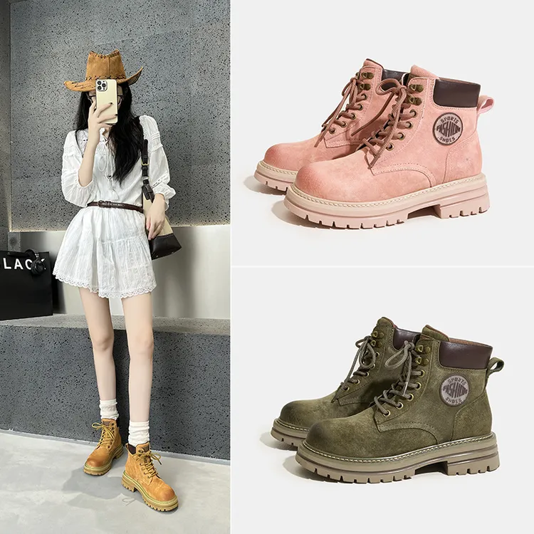 【女款】【头层猪皮】【跟高4公分】马丁靴女新款户外徒步登山大黄靴