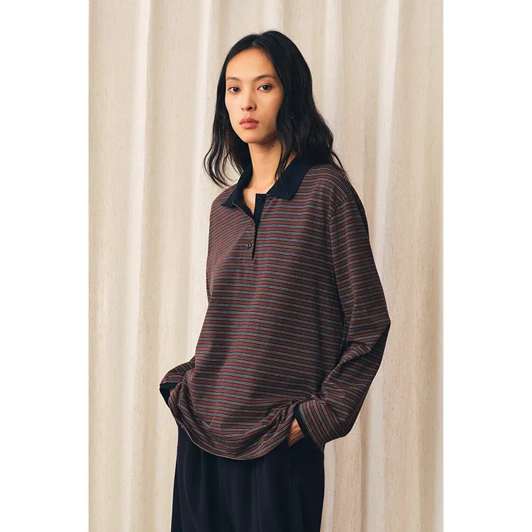 HERLAND她地【肯辛顿】纯棉复古POLO领条纹长袖T恤女慵懒宽松上衣