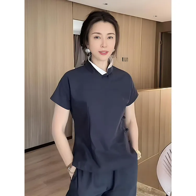 高级小众不撞衫上衣超好看独特漂亮新中式国风藏蓝色短袖衬衫女夏