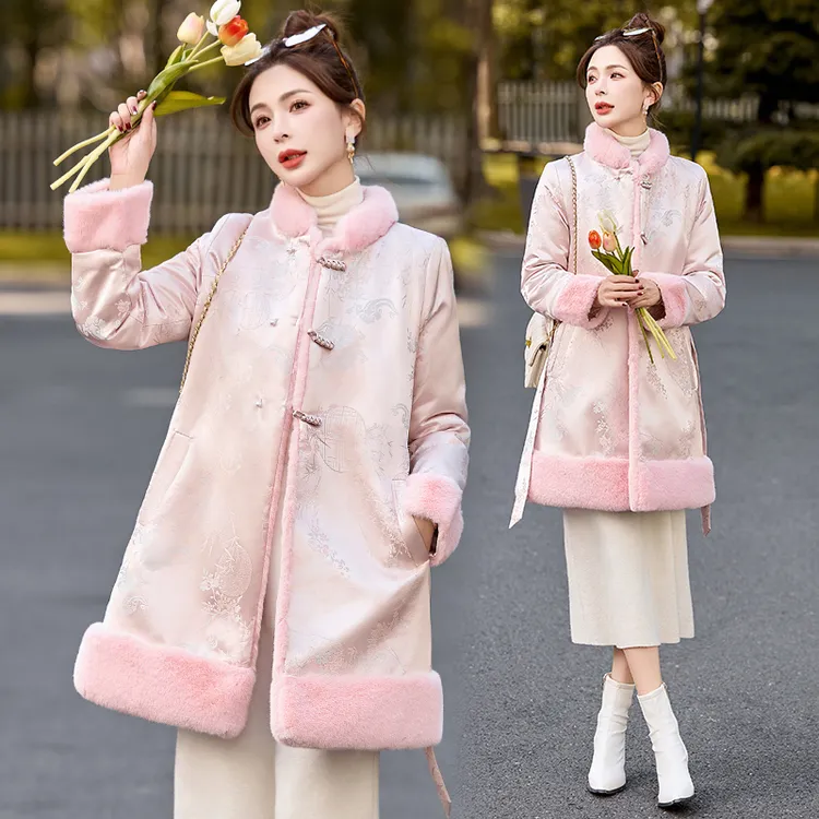 新中式国风提花皮毛一体外套女2024冬季新款高级感加绒加厚中长款