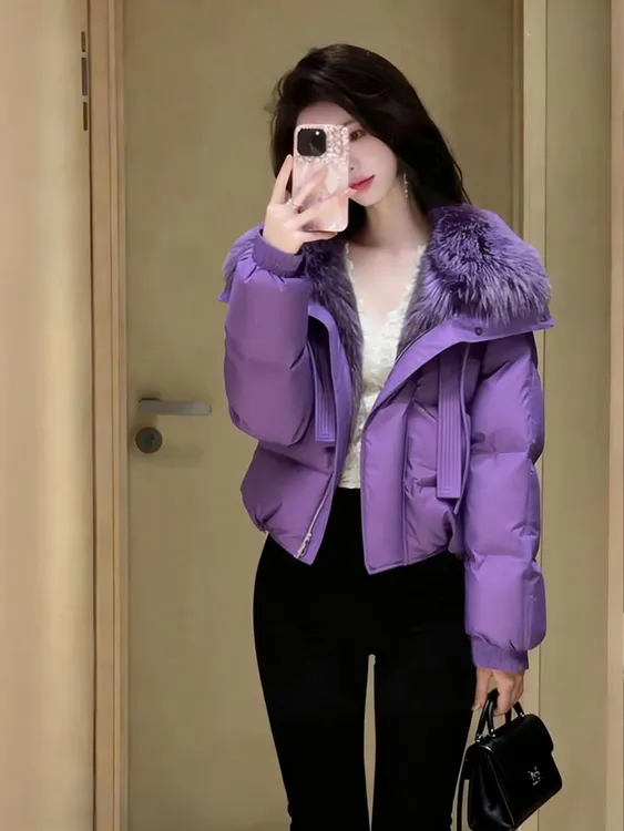 【现货】超好看紫色大毛领棉服女2025年新款冬季爆款高级感加厚外套