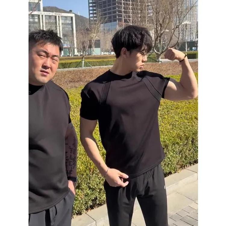 收袖口健身t恤男款夏季boxy短款正肩短袖液氨棉显肌肉显壮三分袖